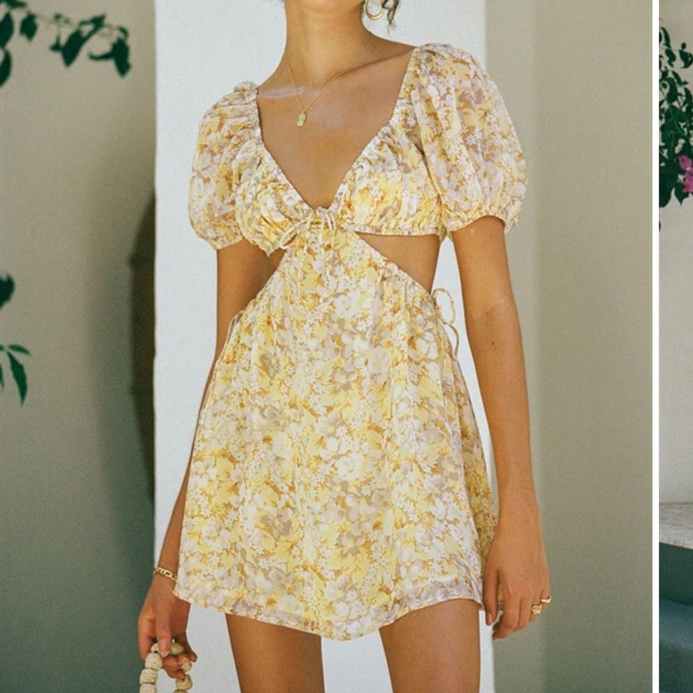 Yellow floral cutout summer mini dress